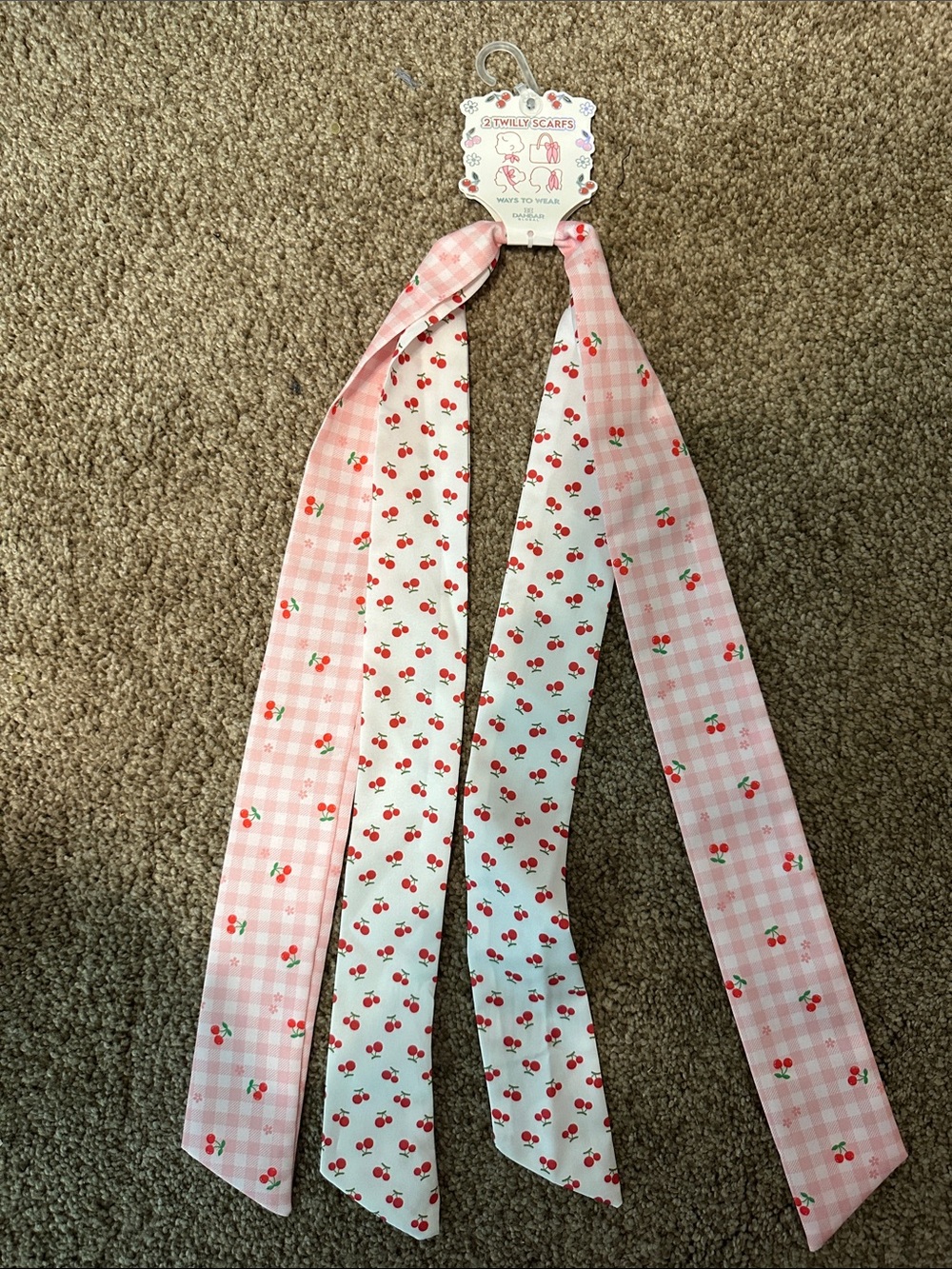 Set of 2 Pink Cherry Print Scarfs for Hair or Bags